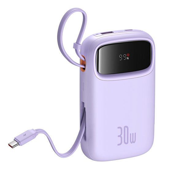Power Bank 1000MAH QPOW 2 30W ar iebūvētiem -in USB -C kabeļiem -purpursarkanā krāsā