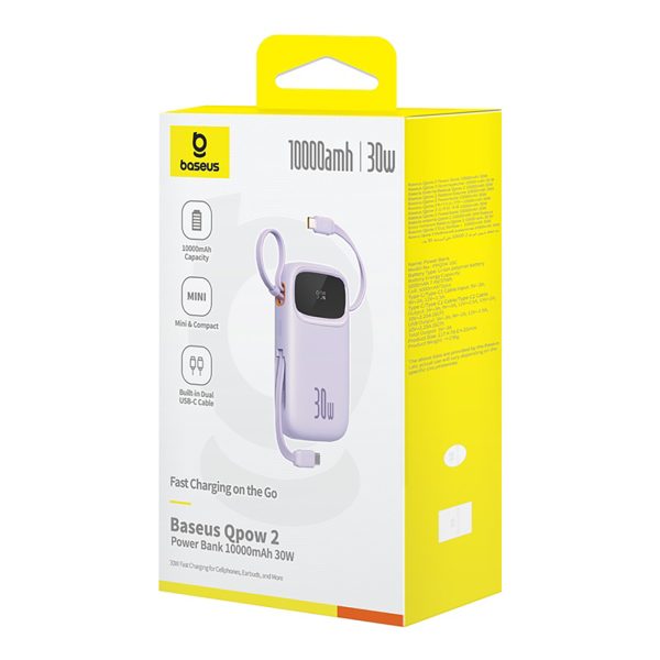 Power Bank 1000MAH QPOW 2 30W ar iebūvētiem -in USB -C kabeļiem -purpursarkanā krāsā