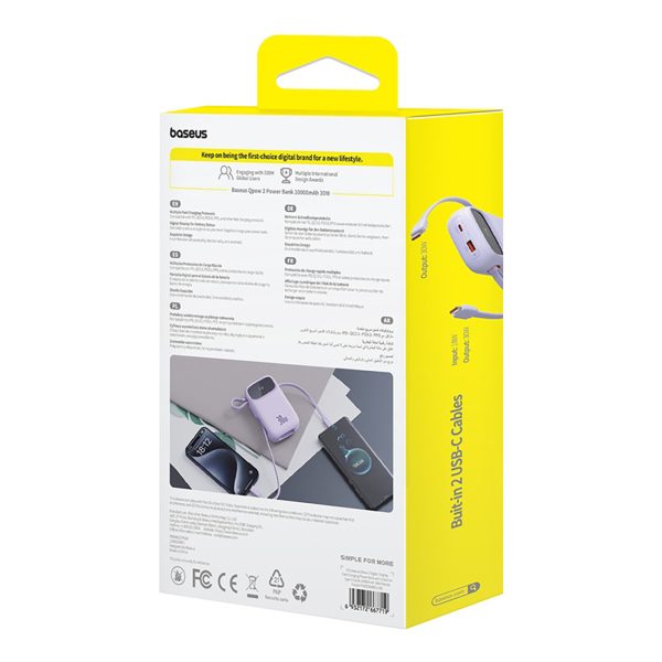 Power Bank 1000MAH QPOW 2 30W ar iebūvētiem -in USB -C kabeļiem -purpursarkanā krāsā
