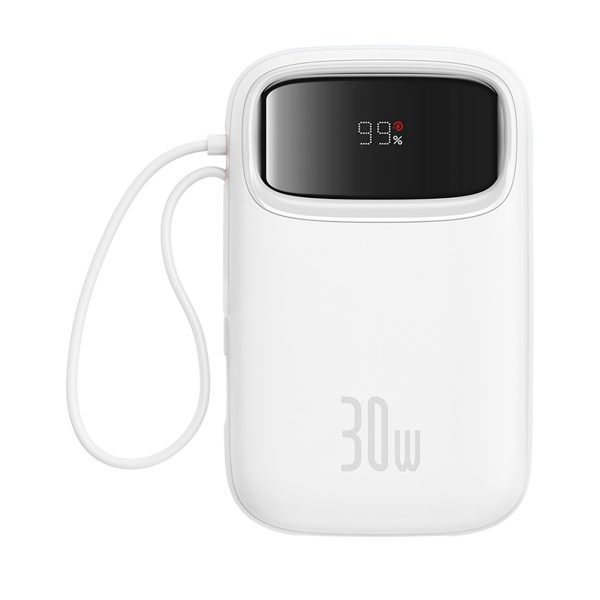 Power Bank 1000MAH QPOW 2 30W ar iebūvētiem -in USB -C kabeļiem -balti