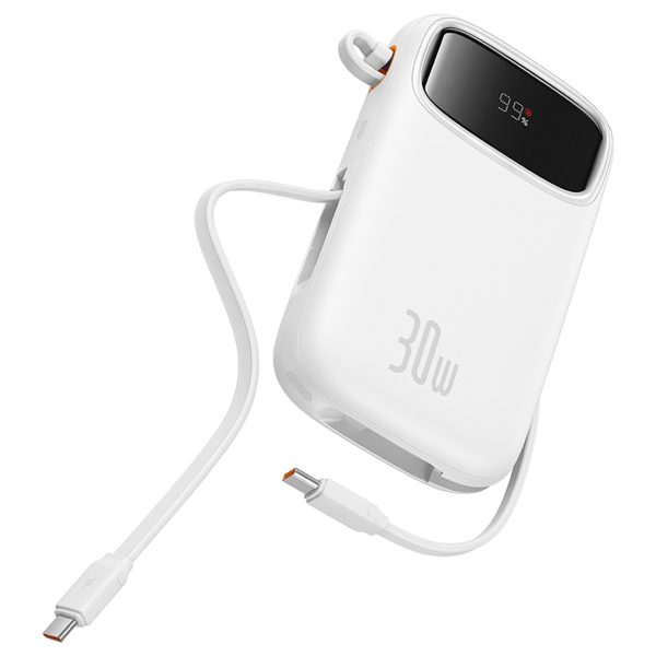 Power Bank 1000MAH QPOW 2 30W ar iebūvētiem -in USB -C kabeļiem -balti