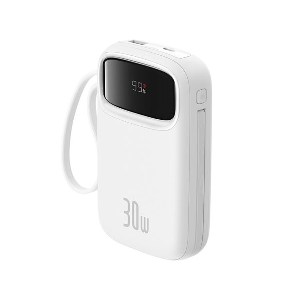 Power Bank 1000MAH QPOW 2 30W ar iebūvētiem -in USB -C kabeļiem -balti