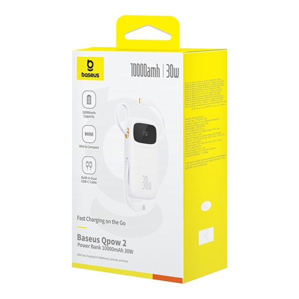 Power Bank 1000MAH QPOW 2 30W ar iebūvētiem -in USB -C kabeļiem -balti