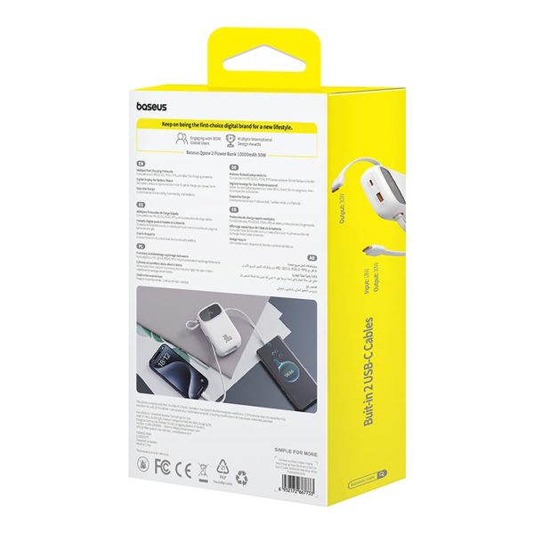 Power Bank 1000MAH QPOW 2 30W ar iebūvētiem -in USB -C kabeļiem -balti