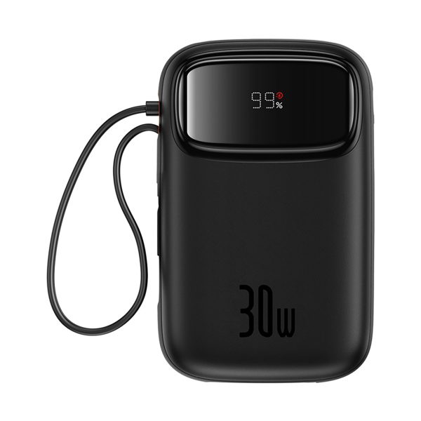 Power Bank 1000MAH QPOW 2 30W ar iebūvētiem -in USB -C kabeļiem -melni