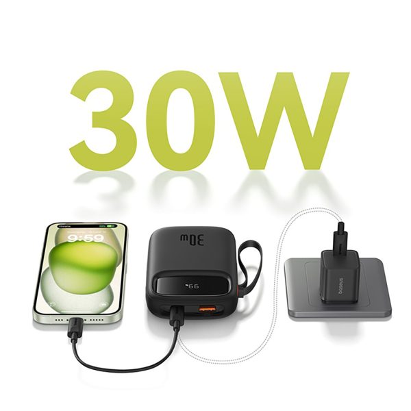 Power Bank 1000MAH QPOW 2 30W ar iebūvētiem -in USB -C kabeļiem -melni
