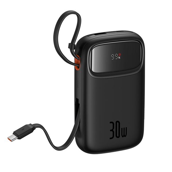 Power Bank 1000MAH QPOW 2 30W ar iebūvētiem -in USB -C kabeļiem -melni