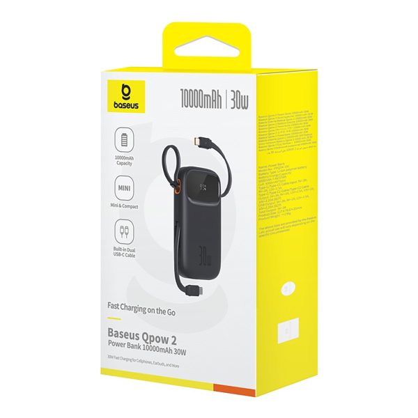 Power Bank 1000MAH QPOW 2 30W ar iebūvētiem -in USB -C kabeļiem -melni