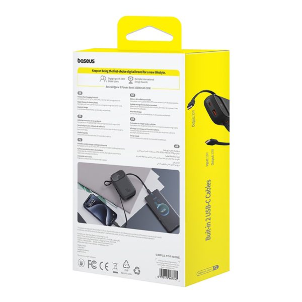 Power Bank 1000MAH QPOW 2 30W ar iebūvētiem -in USB -C kabeļiem -melni