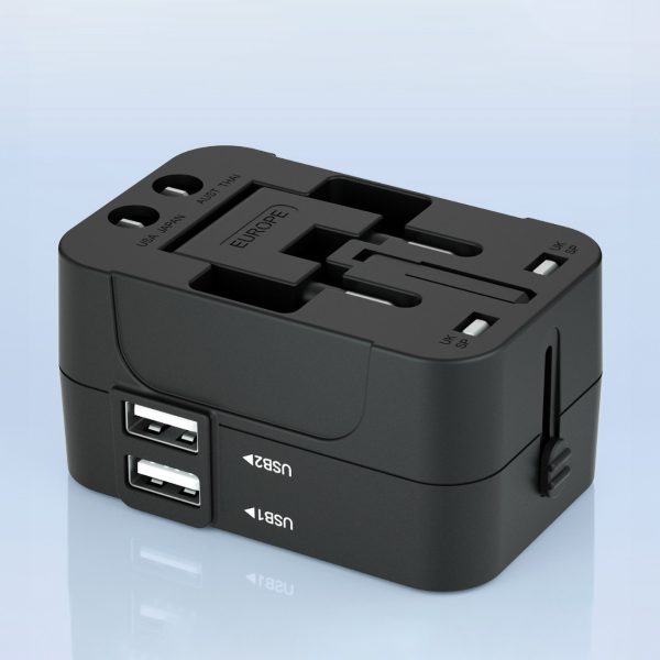 Ceļojuma adapteris Universālais lādētājs 24W ES / US / AUS / UK / 2X USB -A - melns