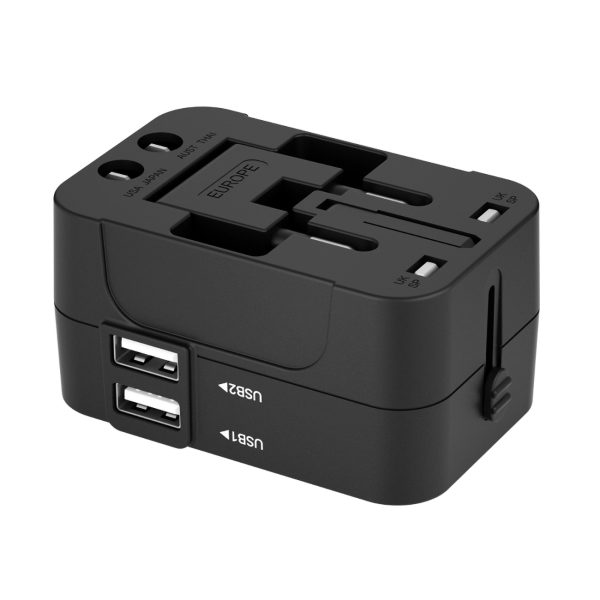 Ceļojuma adapteris Universālais lādētājs 24W ES / US / AUS / UK / 2X USB -A - melns