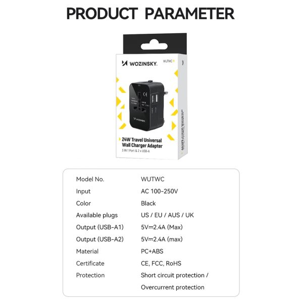 Ceļojuma adapteris Universālais lādētājs 24W ES / US / AUS / UK / 2X USB -A - melns
