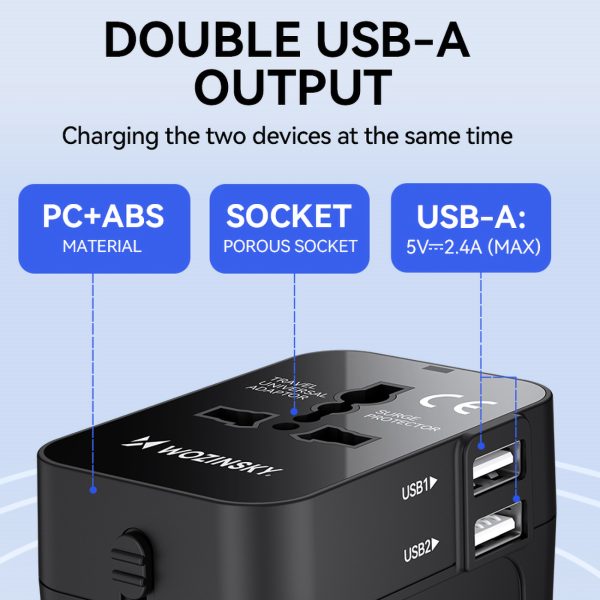 Ceļojuma adapteris Universālais lādētājs 24W ES / US / AUS / UK / 2X USB -A - melns