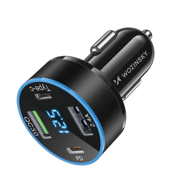 Automašīnu lādētājs ar 50W 2xUSB-C un 2XUSB-A displeja-melnu