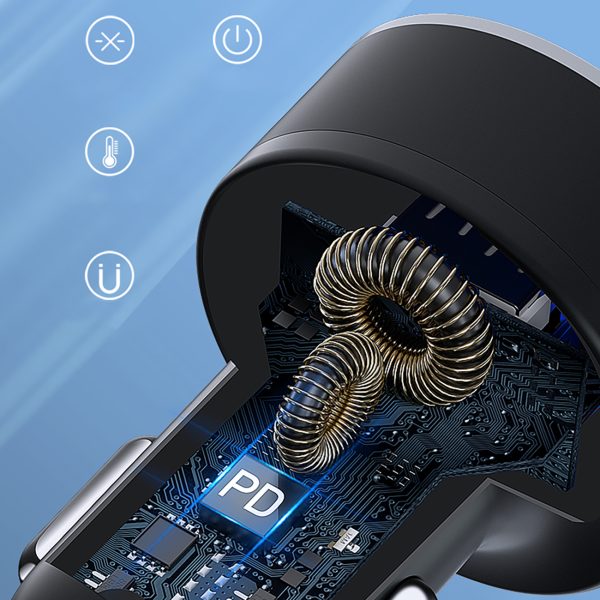 Automašīnu lādētājs ar 50W 2xUSB-C un 2XUSB-A displeja-melnu