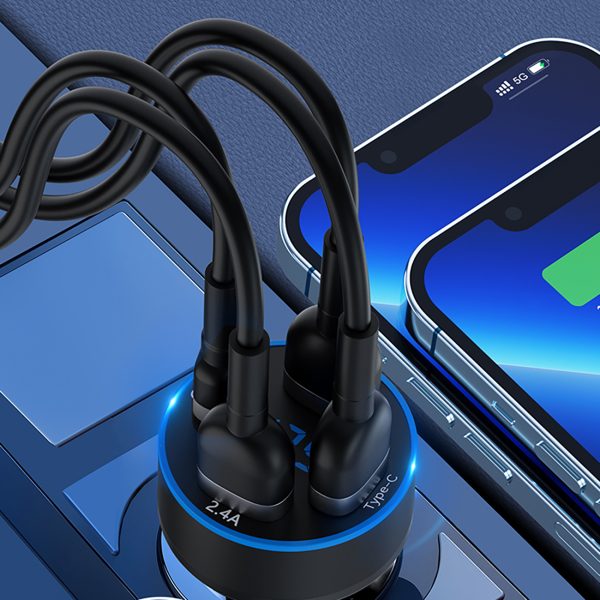 Automašīnu lādētājs ar 50W 2xUSB-C un 2XUSB-A displeja-melnu
