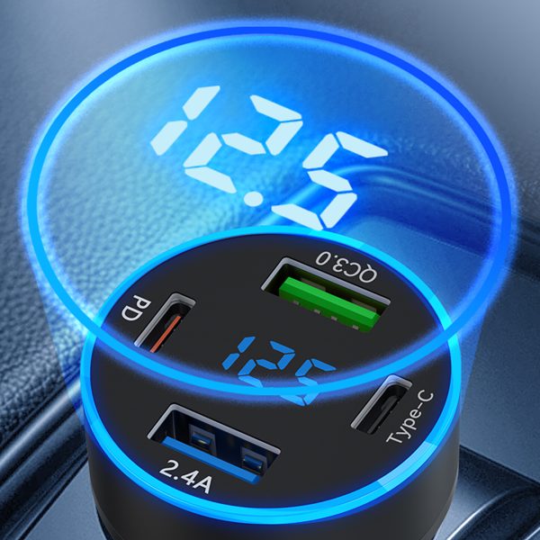 Automašīnu lādētājs ar 50W 2xUSB-C un 2XUSB-A displeja-melnu