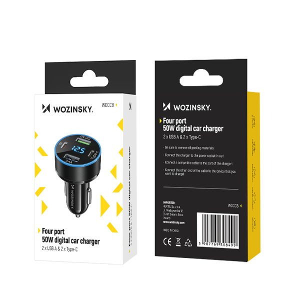 Automašīnu lādētājs ar 50W 2xUSB-C un 2XUSB-A displeja-melnu