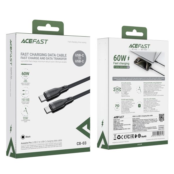 Kabeļa elastīgs USB -C pinums - USB -C 60W 3A 1,2m - melns