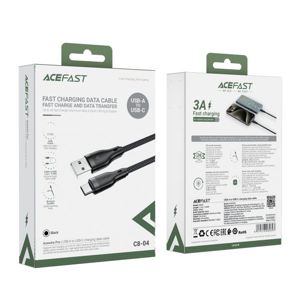 Kabelis elastīgs USB -A pinuma - USB -C 3A 1,2m - melns