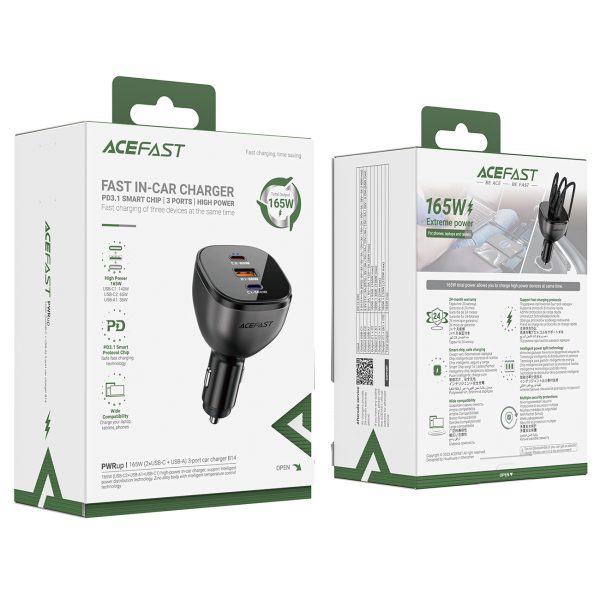 Automašīnu lādētājs B14 165W 2X USB-C 1X USB-A-Black
