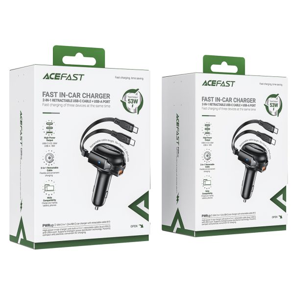 Automašīnu lādētājs B13 53W USB-A + 2 USB-C izstrādātie kabeļi-melni