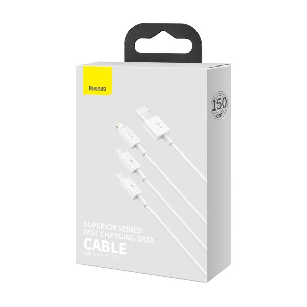 3in1 kabeļu superior sērija USB -A - USB -C / zibens / mikro USB 3,5A 1M - balts