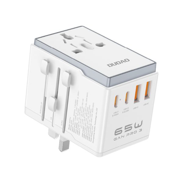 Universālais lādētāja ceļojuma adapteris 65W ES / US / JP / AUS / UK 2X USB-C 2X USB-A-WHITE