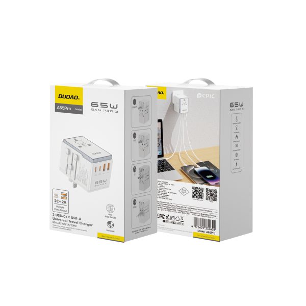Universālais lādētāja ceļojuma adapteris 65W ES / US / JP / AUS / UK 2X USB-C 2X USB-A-WHITE