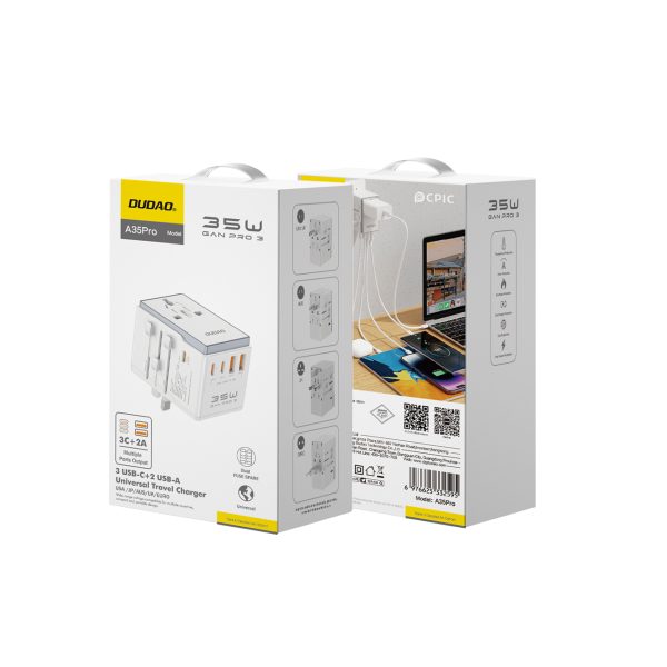 Universālais lādētāja ceļojuma adapteris ES / UK / AUS / US / JP 3X USB-C 2X USB-A-WHITE