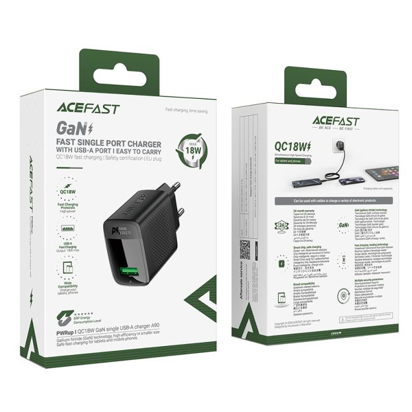 A90 GAN USB -A QC 18W tīkla lādētājs - melns