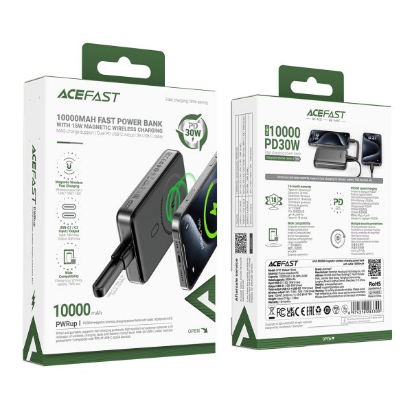 Magnētiskā PowerBank 1000mah indukcija 2x USB-C PD 30W + USB-C kabeļa-melns
