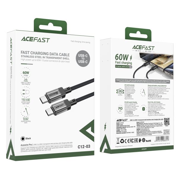 Kabelis USB -C kabelis ar neilona pinumu PD 60W 480MB/s - melns