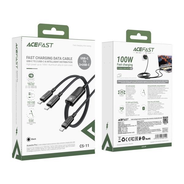 2in1 dubultā kabelis USB -C - 2x USB -C 100W 480MB/s - melns