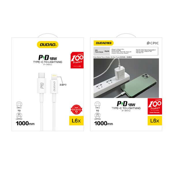 L6X USB -C kabeļa kabelis - iPhone Lightning Pd 20W 1M - balts