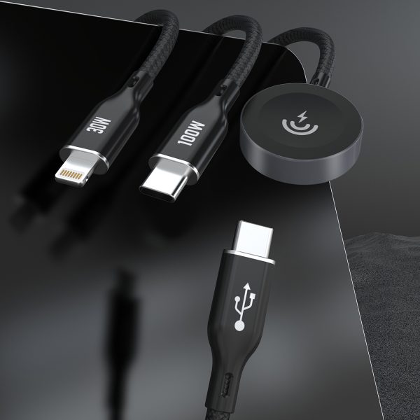 3in1 USB -C kabelis - USB -C / iPhone Lightning / Apple Watch Pd 100W 1,2m lādētājs - melns