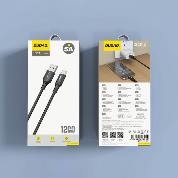 Kabeļa kabelis ar pinumu l3st usb -a - usb -c 5a 1,2m - melns