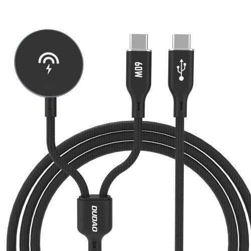2in1 kabeļa kabelis ar Apple Watch lādētāju + USB -C PD 60W spraudnis -in -melns