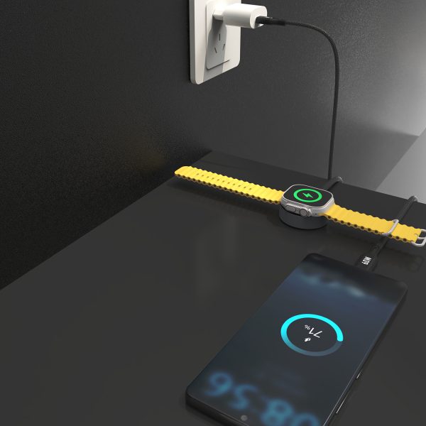 2in1 kabeļa kabelis ar Apple Watch lādētāju + USB -C PD 60W spraudnis -in -melns