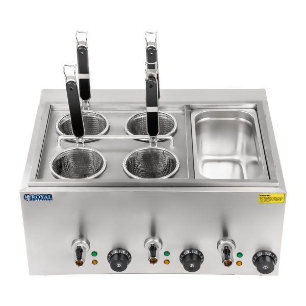 Makaronu vārītājs, vārītājs makaronu un pelmeņu vārīšanai ar bain-marie, 3 kameras ar krāniem