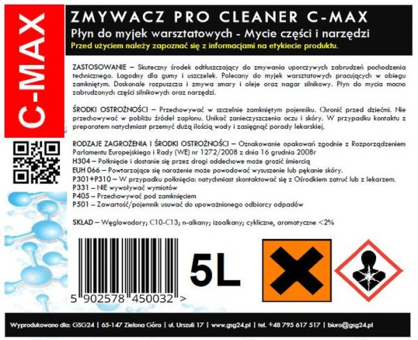 Šķidrs detaļu un instrumentu tīrītājs darbnīcas mazgāšanas iekārtām, PRO CLEANER C-MAX 5L