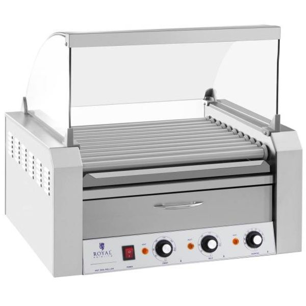Rullīšu rullīšu grils ar vairogu un apkures atvilktni ruļļiem 20 hotdog 2600W 230V Royal Catering Desages