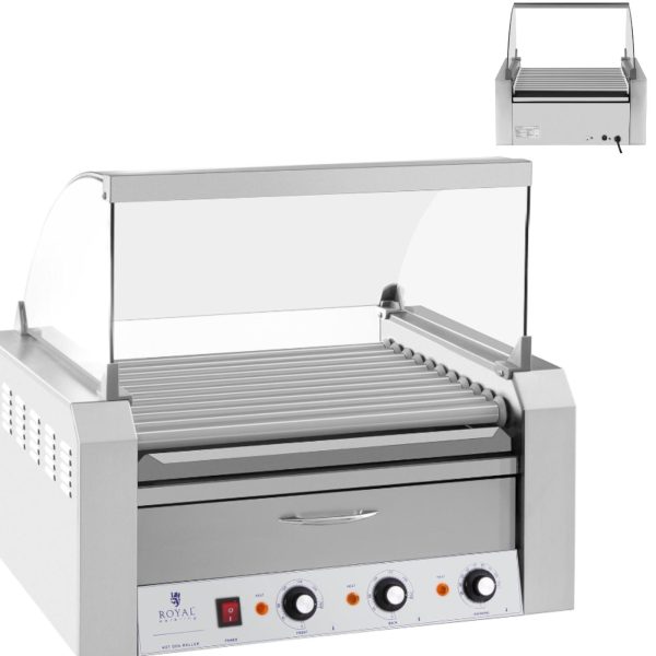 Rullīšu rullīšu grils ar vairogu un apkures atvilktni ruļļiem 20 hotdog 2600W 230V Royal Catering Desages