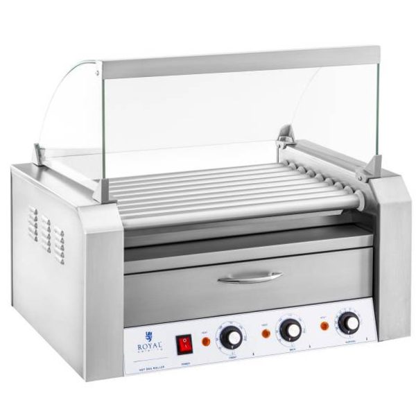 Rullīšu rullīšu grils ar vairogu un apkures atvilktni ruļļiem 16 hotdog 2200W 230V Royal Catering Desages