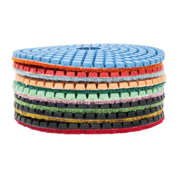 Mitrā akmens pulēšanas diski + disks. 100 mm komplekts ar 8 elementiem