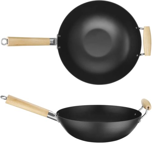 WOK no oglekļa tērauda ar koka rokturiem 324 mm diametrs