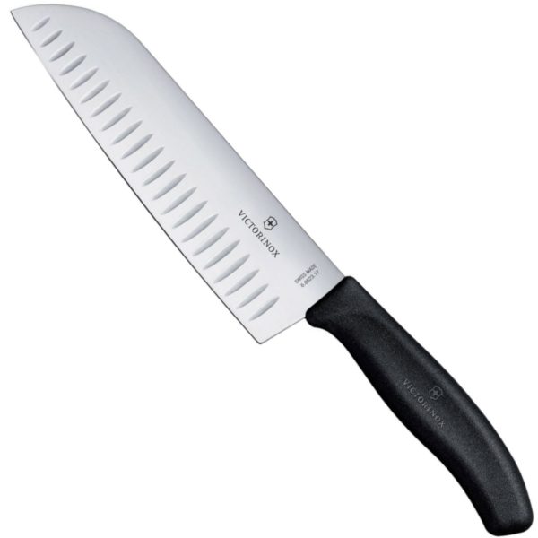 Šefpavārs Santoku nazis ar Šveices klasisko bumbiņu sagrieztu 170/298 mm