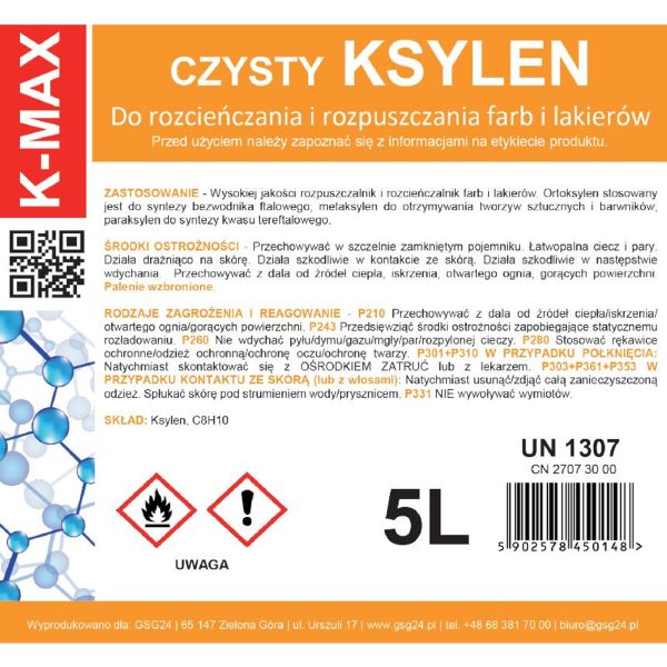 Ksilola šķīdinātāja organiskais atšķaidītājs krāsām un lakām K-Max 5L