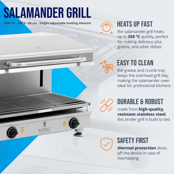 Salamanader pitas tosteris ar regulējamu augstumu 60 cm 400 V 5000 W