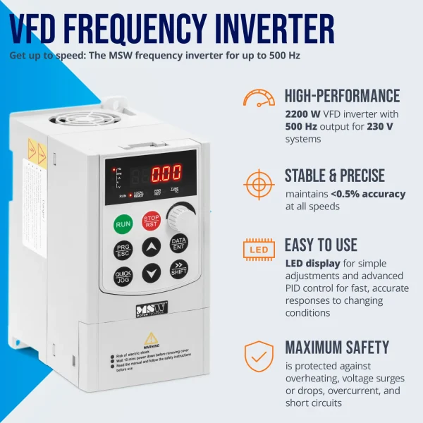 VFD frekvences pārveidotājs 500 Hz 2200 W 230 V